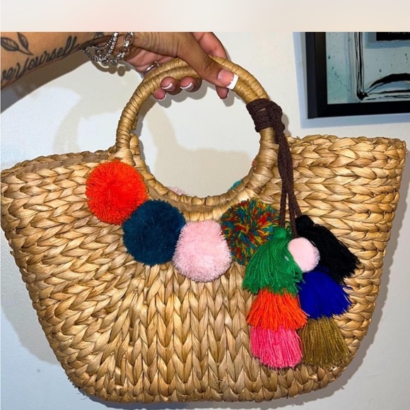 Handbags - Woven Straw Tote with Colorful Pom Poms